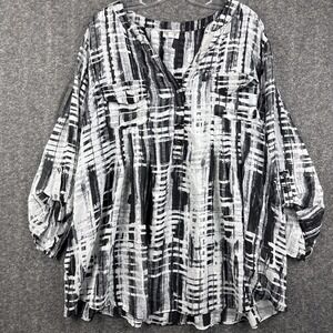 Avenue Blouse Womens 26/28 4X Black White Abstract Print V-Neck Button Top Plus